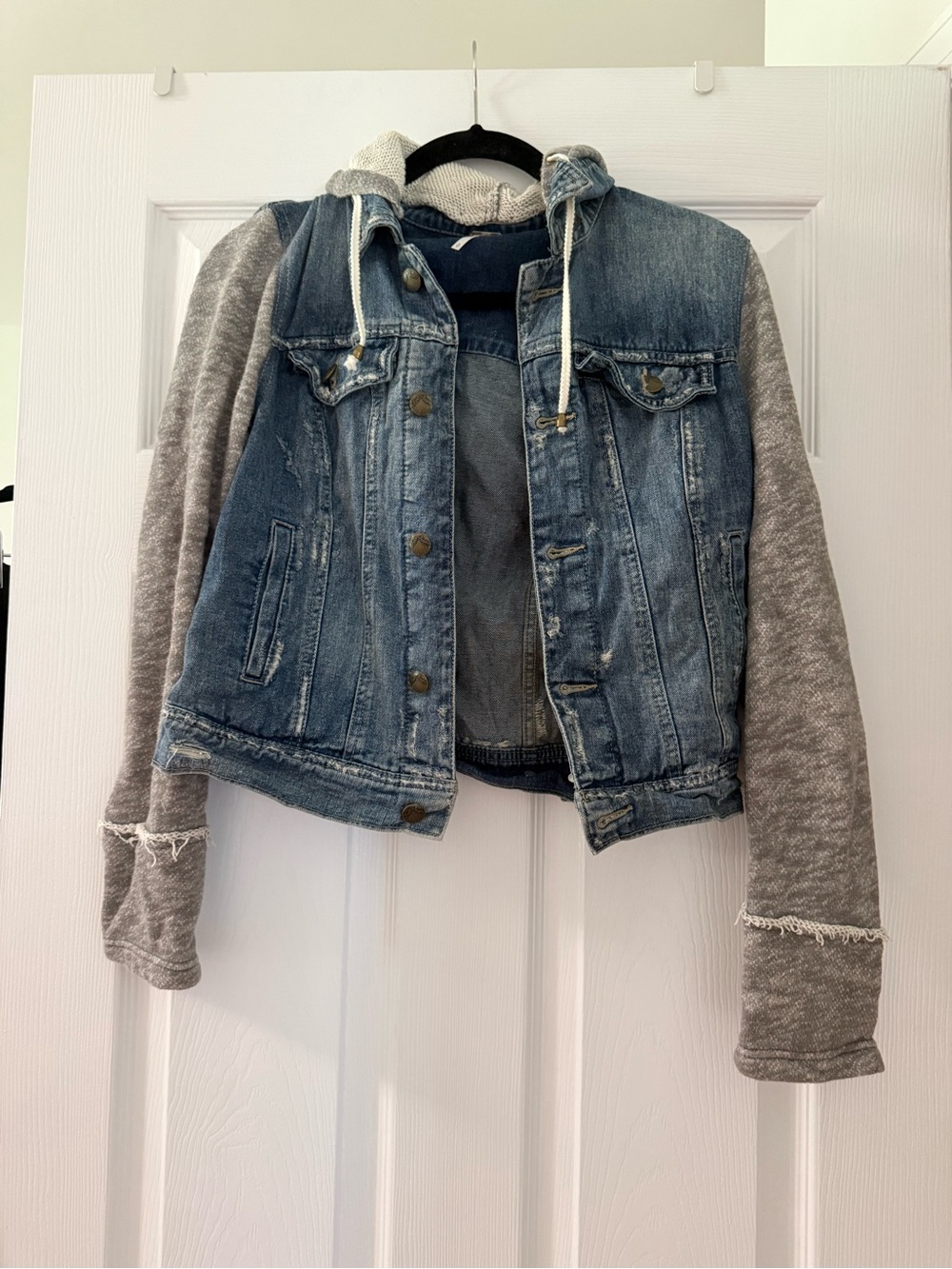 Free People Knit Hooded Denim Jacket with Blue Grey Sleeves - Small - Picture 4 of 11